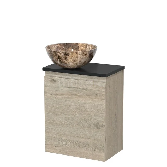 Modulo Pico Toiletmeubel met waskom | 41 cm Lichtgrijs eiken Greeploos front Natuursteen waskom TMK10-16247 Badkamermeubel met houtlook wastafelonderkast, zwart blad en natuurstenen waskom, modern design.