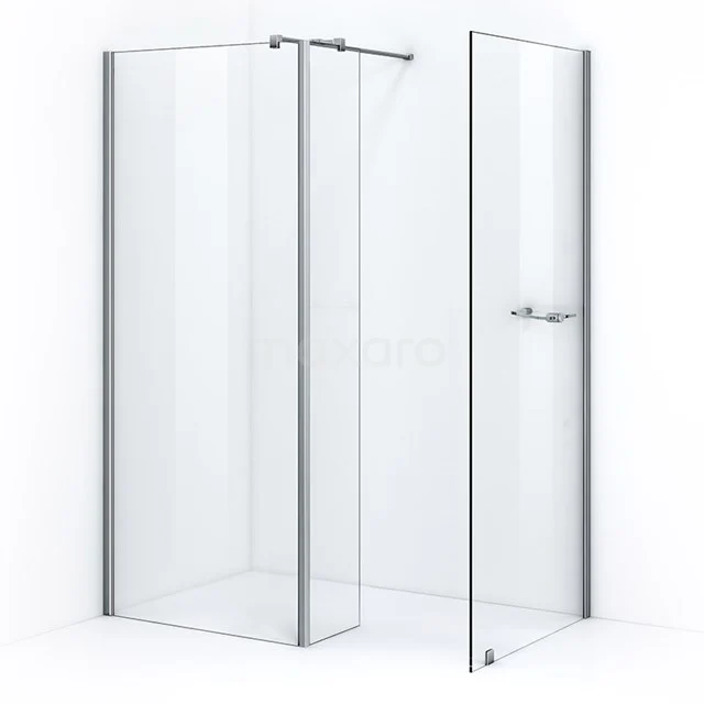 Corner shower screen in glass, clear glass and aluminium profiles, ideal for modern bathroom design.