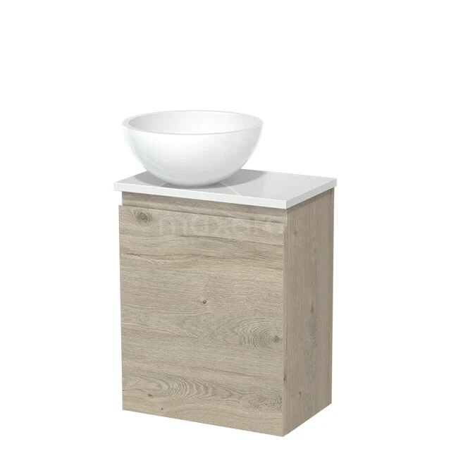 Toiletmeubel met waskom TMK10-16307 Badkamermeubel in lichte houtlook, met een wit waskom en marmerafwerking. Compact design, ideaal voor moderne badkamers.