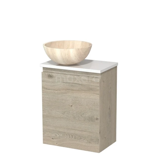 Holz-Badschrank mit weißem kompaktem Waschbecken und hellholzfarbigem Aufsatzwaschbecken, ideal für ein stilvolles und modernes Badezimmer.