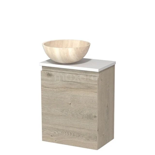 Hölzernes Badezimmermöbel mit einer Naturstein Platte und einem runden, hellen Holz Aufsatzwaschbecken, ideal für moderne Badezimmergestaltung.