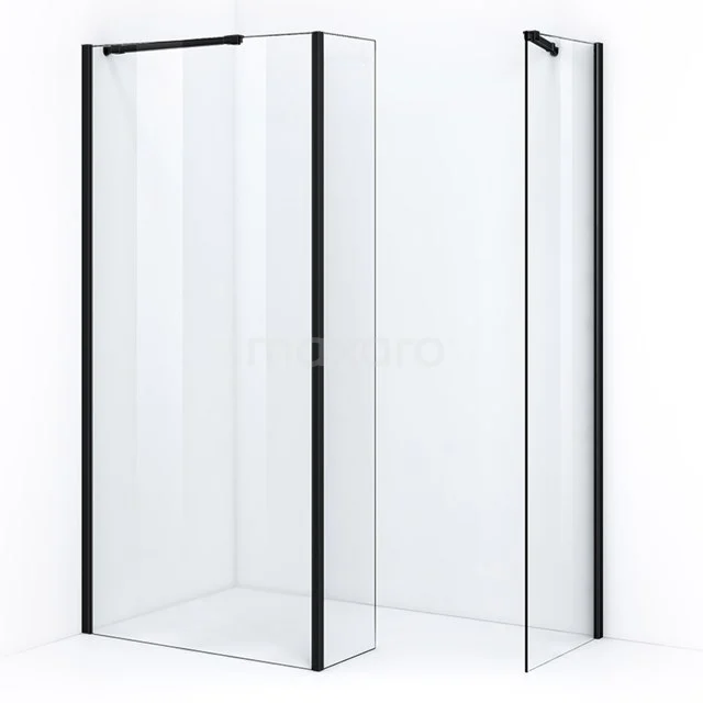 Glass shower screen with black frame, modern design, ideal for stylish bathroom decoration.