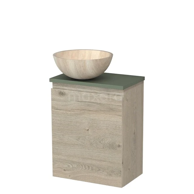 Holz-Badschrank mit grünem Platte und passendem rundes Waschbecken aus Naturstein, ideal für einen modernen Badezimmerstil.