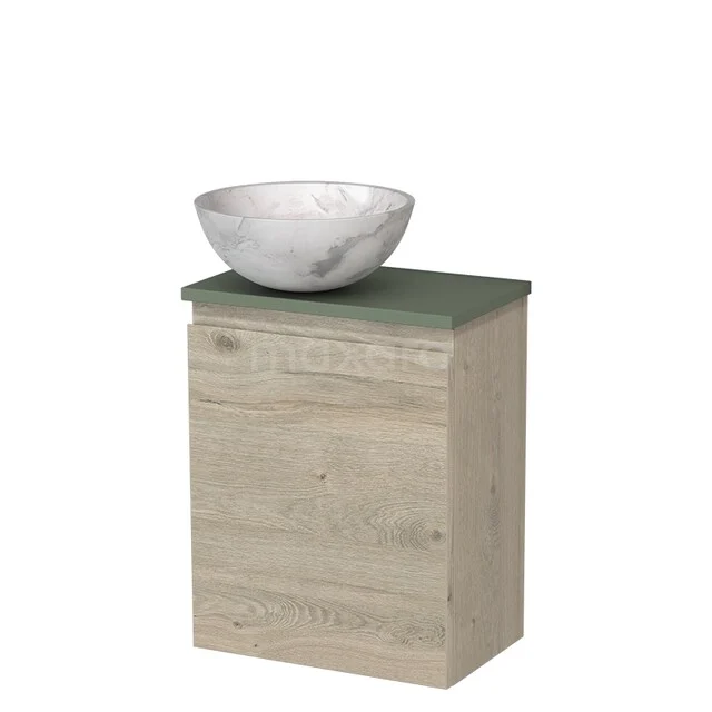 WC-Möbel mit Aufsatzwaschbecken TMK10-16401 Handgefertigtes Holz-Badezimmermöbel mit grünem Platte und weißem Marmor Aufsatzwaschbecken, perfekt für ein Naturstil Badezimmer.