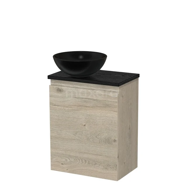 WC-Möbel mit Aufsatzwaschbecken TMK10-16422 Holz-Badmöbel mit heller Holzoptik, schwarzem Aufsatzwaschbecken und schlichter schwarzer Platte, ideal für eine moderne Badezimmergestaltung.