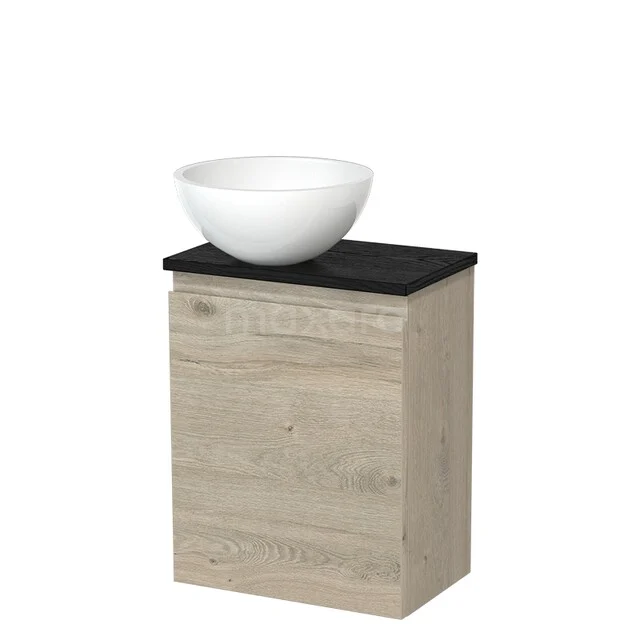 Holz Badezimmermöbel mit natürlichem Eiche Look, Schwarz Platte und weißer schalenförmiger Waschbecken, modernes Design.