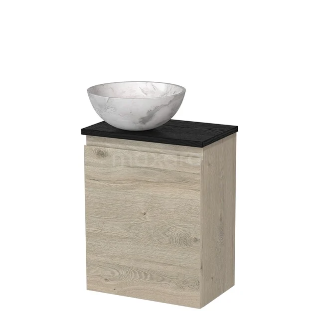 WC-Möbel mit Aufsatzwaschbecken TMK10-16427 Holz Badezimmermöbel in natürlicher Eiche Optik mit schwarzer Platte, einschließlich weißem Marmor Aufsatzwaschbecken, modernes und kompaktes Design.