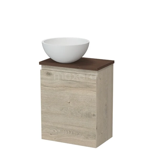 Toiletmeubel met waskom TMK10-16568 Houten badkamerkast met matte wastafelkom, compact design, licht eiken afwerking en donker bovenblad.