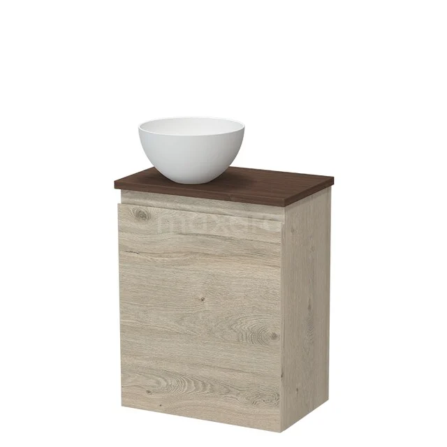 Toiletmeubel met waskom TMK10-16569 Badkamermeubel hout met waskom, compact design, licht eiken kleur en donker werkblad, ideaal voor kleine badkamers.