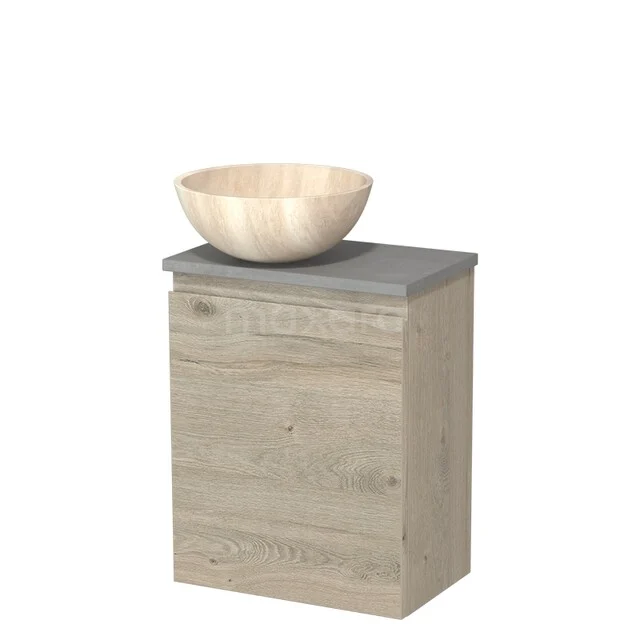 Toilet furniture with countertop wash basins TMK10-16597 Houten badkamermeubel met natuursteen blad en ronde houten waskom, compact ontwerp voor een moderne badkamerstijl.