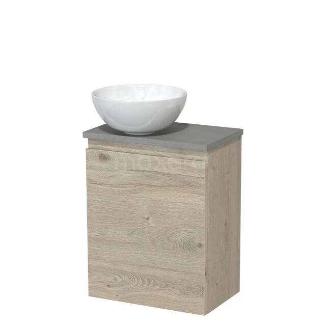 Toiletmeubel met waskom TMK10-16602 Houten badkamermeubel met natuursteenlook blad en ronde witte waskom, ideaal voor een moderne badkamerstijl.
