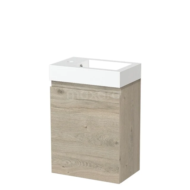 Houten wastafelmeubel met witte wastafel, compact ontwerp, ideaal voor kleine badkamers, uitgevoerd in licht eiken fineer.