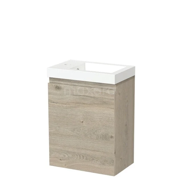 Compact badkamermeubel licht eikenhout met geïntegreerde witte wastafel, ideaal voor kleine badkamers.