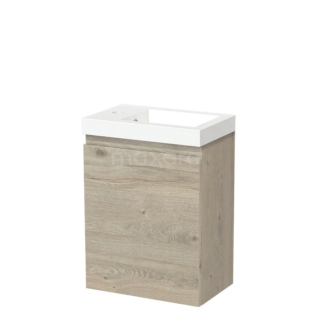 Compact badkamermeubel licht eikenhout met geïntegreerde witte wastafel, ideaal voor kleine badkamers.