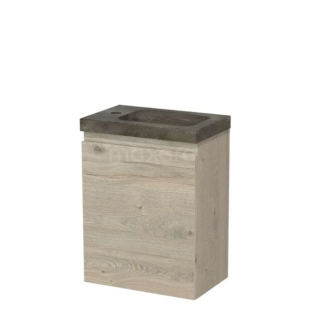 Hölzerner Badschrank mit Natursteinen Waschbecken, kompaktes Design, helle Eiche Ausstrahlung und modernes quadratisches Modell.