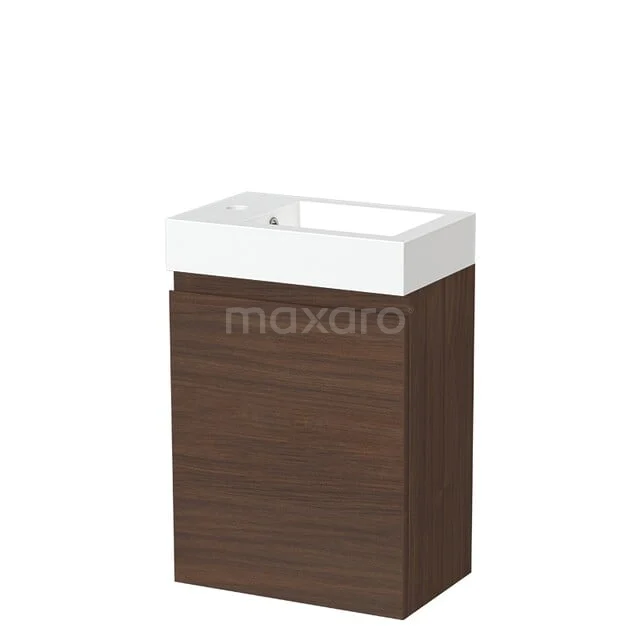 Modulo Pico Toiletmeubel met wastafel | 40 cm Walnoot Greeploos front Mineraalmarmer TMW10-00819 Houten wastafelmeubel met wit keramische wasbak, compact design perfect voor moderne badkamer inrichting.
