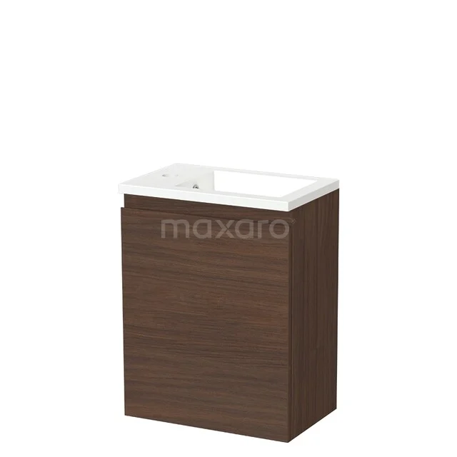 Waschtisch Holzoptik braun mit weißem keramischen Waschbecken, kompaktes Design, ideal für ein modernes Badezimmer.