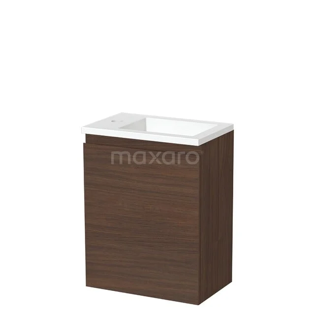 Toiletmeubel met wastafel TMW10-00833 Compacte badkamermeubelset met wastafel, houtlook kast in donkerbruin, strakke lijnen en modern design.