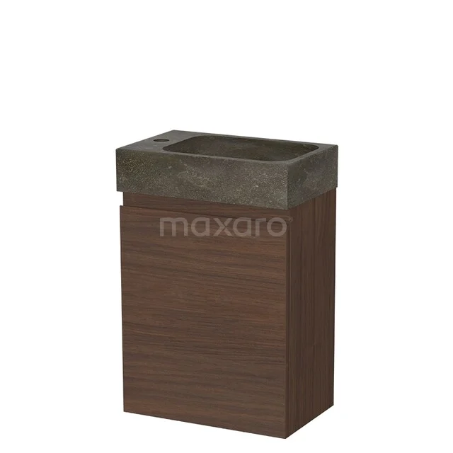 Compacte wastafelmeubelset, houtlook kast met grijze betonwastafel, ideaal voor moderne badkamerinrichting.