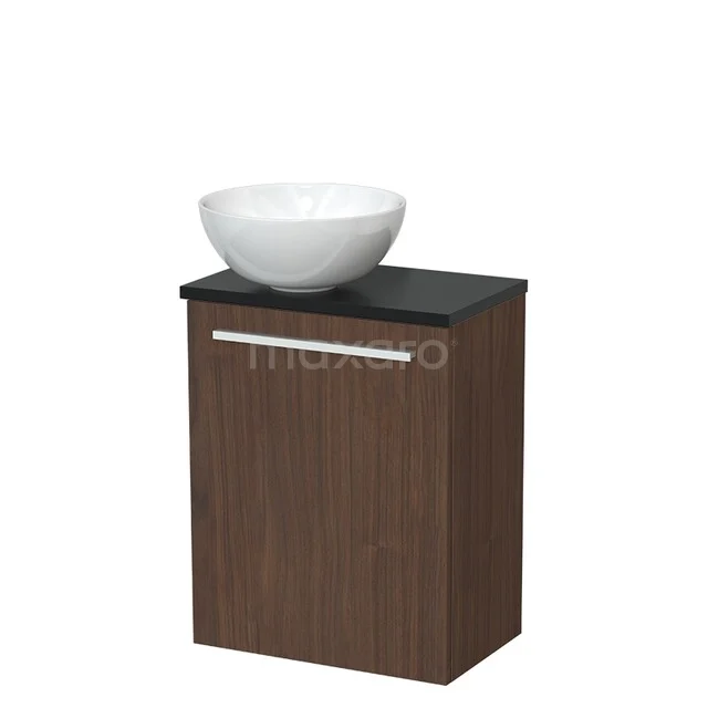Wooden bathroom cabinet with black top and white bowl-shaped sink, ideal for a modern bathroom style.