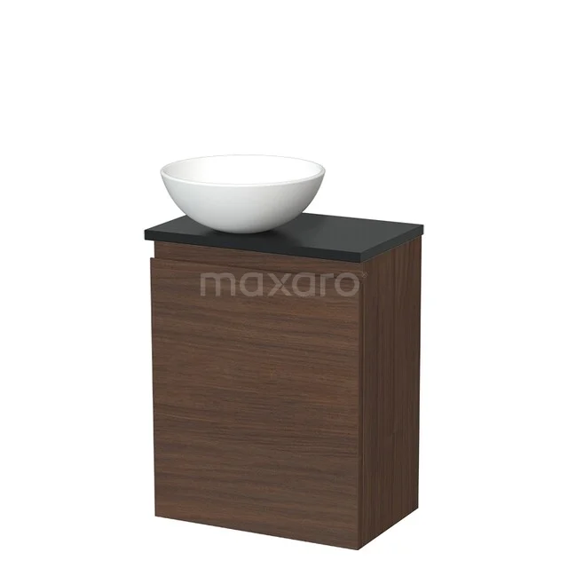 Toilet furniture with countertop wash basins TMK10-16696 Wastafelmeubel met witte keramische waskom, houtlook kast in walnootkleur en zwart blad, modern en stijlvol badkamerdesign.