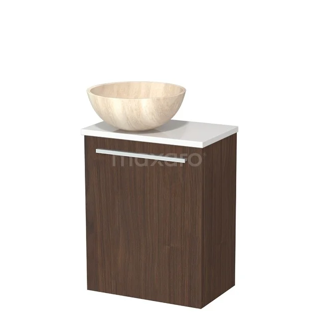 Toilet furniture with countertop wash basins TMK10-16805 Walnoothouten badkamermeubel met wit blad en ronde houten waskom, ideaal voor een stijlvolle en natuurlijke badkamerinrichting.