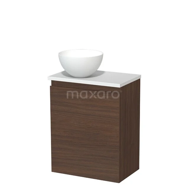 Badkamermeubel met opzetwastafel, modern houtdesign, donkerbruine kast en witte keramische kom, compact en stijlvol.