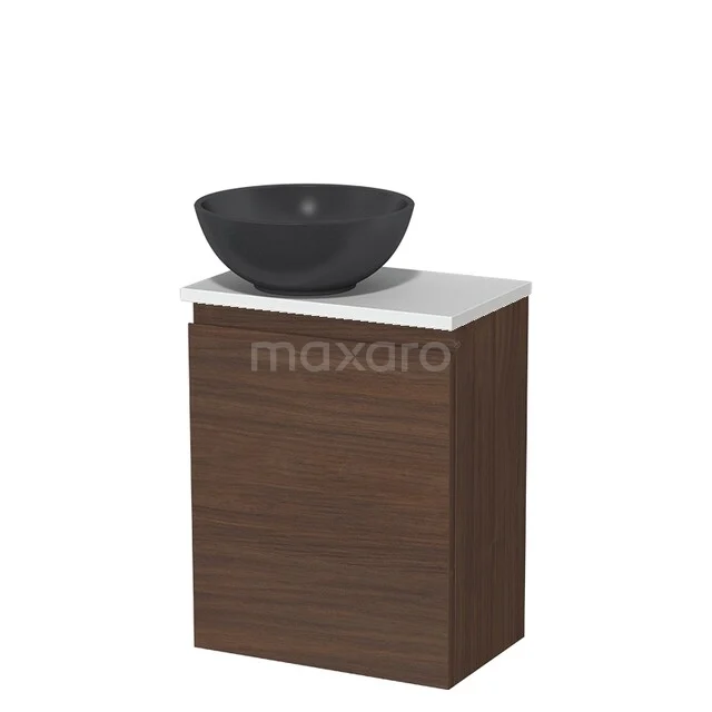 Toilet furniture with countertop wash basins TMK10-16874 Wastafelmeubel houtlook met marmeren blad en zwarte kom, perfect voor een moderne badkamerstijl.