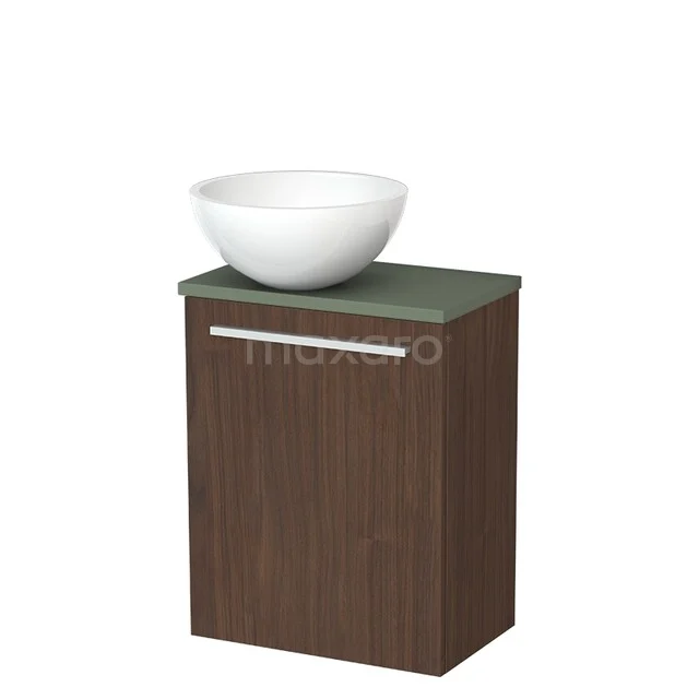 Toilet furniture with countertop wash basins TMK10-16918 Donkerhouten badkamerkast met een wit keramisch waskom-design en een groen marmeren blad. Compact, modern en stijlvol.