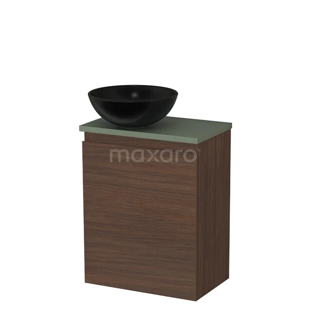 Toilet furniture with countertop wash basins TMK10-16929 Wastafelmeubel houtlook met groene blad en zwarte opzetkom, modern badkamerdesign, compact en stijlvol.