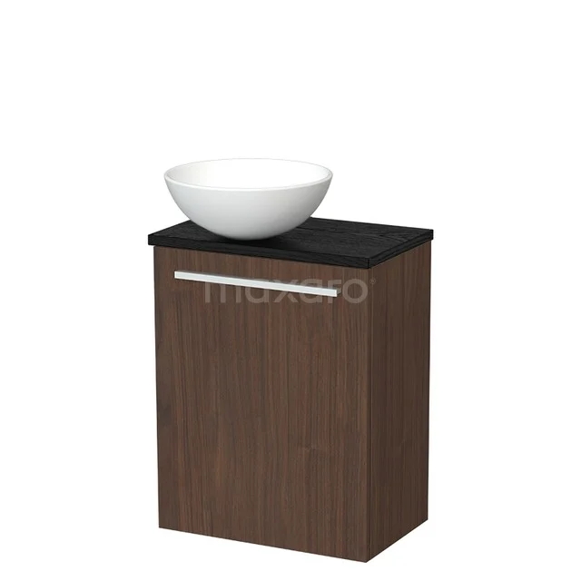 Toilet furniture with countertop wash basins TMK10-16956 Badkamerkast houtlook met zwart blad en witte opbouw wastafel, moderne designoplossing voor een stijlvolle badkamer.