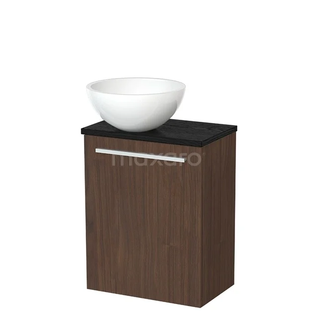 Modulo Pico Toiletmeubel met waskom | 41 cm Walnoot Vlak front Mineraalmarmer waskom TMK10-16957 Wastafelmeubel houtlook met zwarte bovenblad en witte komvormige wastafel, ideaal voor een moderne badkamer.