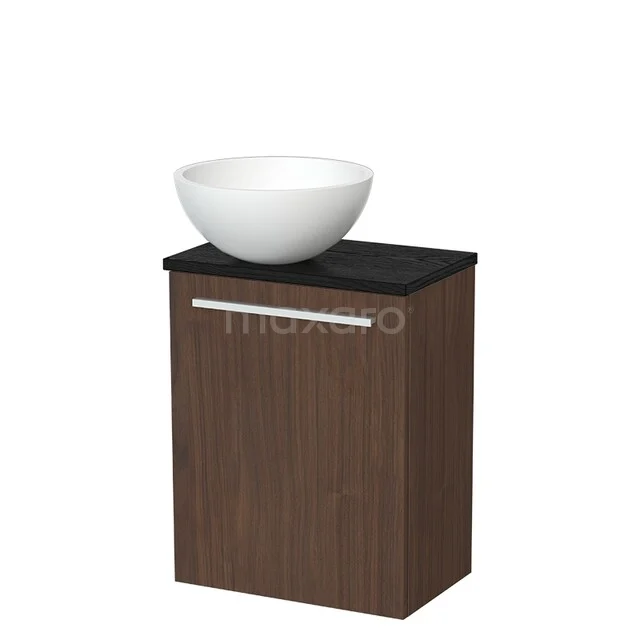 Houten badkamerkast met donkere houtstructuur, zwarte bovenkant en witte waskom, ideaal voor moderne badkamerinrichting.