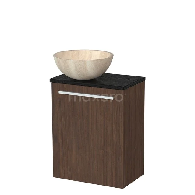 Toiletmeubel met waskom TMK10-16961 Houten badkamermeubel met donker blad en ronde natuurstenen wastafel, compact design voor moderne badkamers.