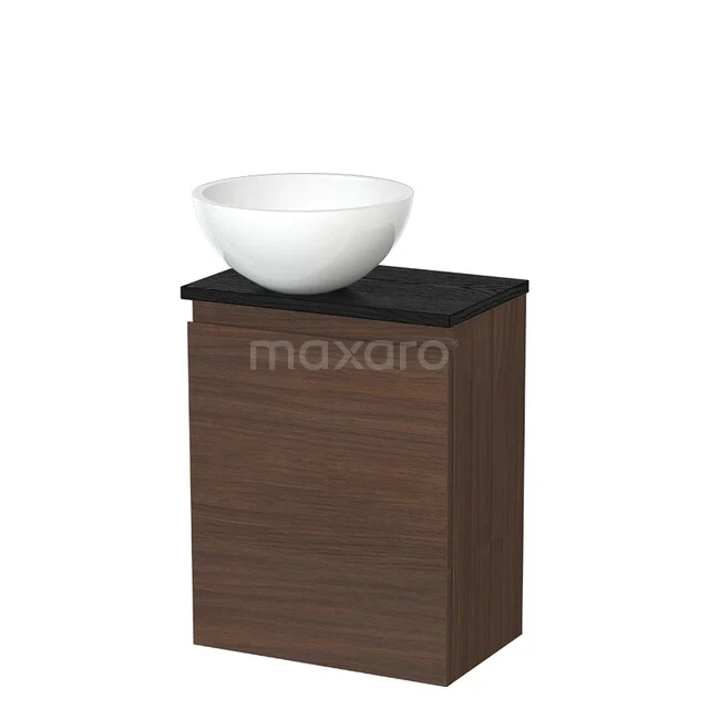 Toilet furniture with countertop wash basins TMK10-16983 Houten badkamermeubel met donker blad en witte ronde waskom, compact design, perfect voor moderne badkamerinrichting.
