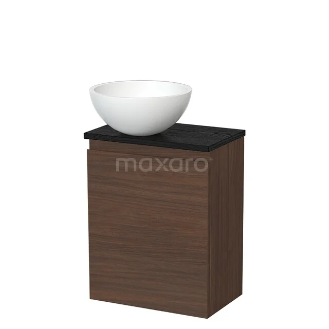Houten badkamermeubel met donker blad en witte waskom, compact en modern design, geschikt voor kleine badkamers.