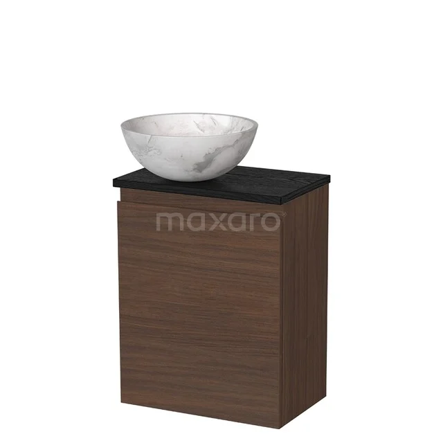 Toilet furniture with countertop wash basins TMK10-16986 Houten badkamermeubel met donker blad en wit marmeren waskom, ideaal voor een stijlvolle en moderne badkameruitstraling.