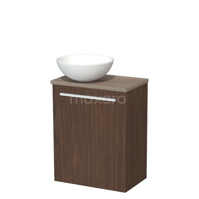 Toilet furniture with countertop wash basins TMK10-16995 Houten badkamermeubel met kast in donkere walnootkleur en een witte, ronde waskom bovenop.