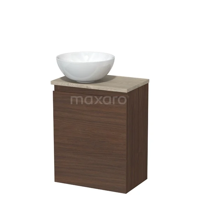 Toiletmeubel met waskom TMK10-17044 Houten badkamermeubel met witte waskom, modern design, compact formaat en natuurstenen blad, ideaal voor kleine badkamers.