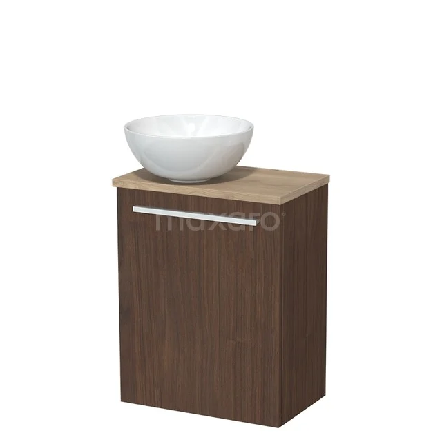 Toiletmeubel met waskom TMK10-17070 Houten badkamerkast met een witte, ronde waskom, strak design en minimalistische handgreep, ideaal voor moderne badkamers.