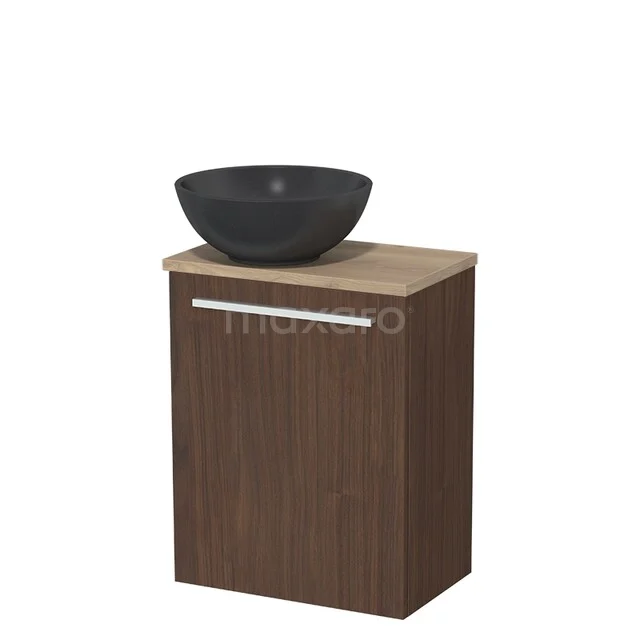 Toilet furniture with countertop wash basins TMK10-17082 Donkerhouten badkamerkast met zwarte waskom, modern design, ideaal voor een stijlvolle en functionele badkamerinrichting.