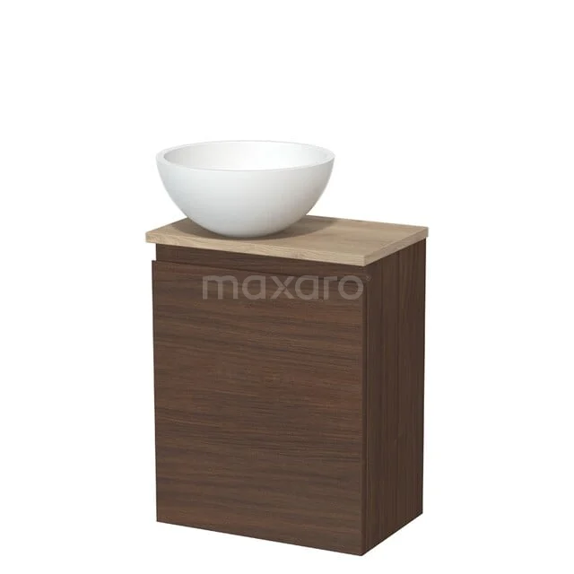 Holz-Badschrank mit einem weißen Aufsatzwaschbecken, modernes Design, ideal für stilvolle Badezimmerlagerung.