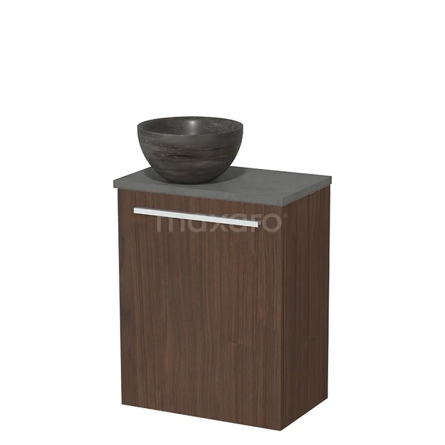 Toilet furniture with countertop wash basins TMK10-17237 Houten badkamerkast met lade, donkerbruin, inclusief grijs blad en ronde waskom, ideaal voor moderne badkamerinterieurs.