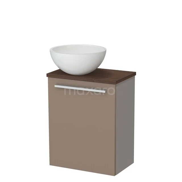 Toiletmeubel met waskom TMK10-17308 Bruin badkamermeubel met witte keramische wastafel, compact design, matte afwerking en chromen handgreep.