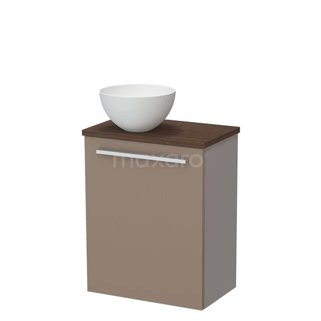 Moderne Taupe Badschrank mit braunem Holzblatt und weißem schalenförmigen Waschbecken, ideal für stilvolle Badezimmergestaltung.