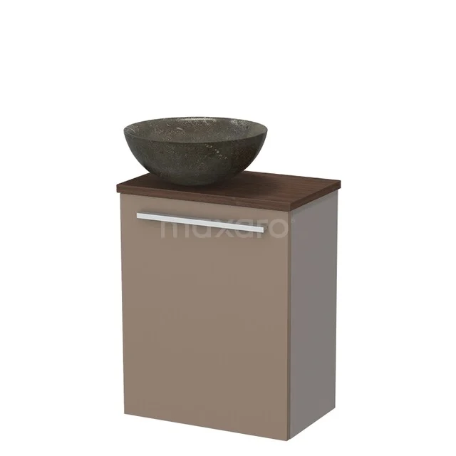 Toilet furniture with countertop wash basins TMK10-17314 Bruine badkamerkast met natuurstenen wastafel, mat grijs front, houten blad en metalen handgreep.
