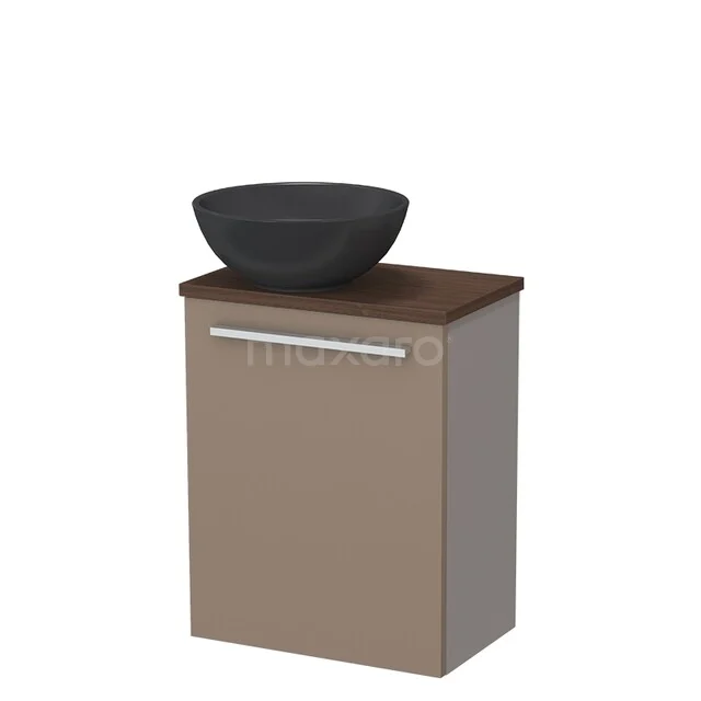 Toilet furniture with countertop wash basins TMK10-17316 Bruin badkamermeubel met houtlook en zwarte waskom, stijlvol compact design voor moderne badkamers.