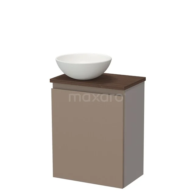 Toilet furniture with countertop wash basins TMK10-17320 Modern beige badkamermeubel met houten blad en witte komvormige wastafel, ideaal als compact meubel voor kleine badkamers.
