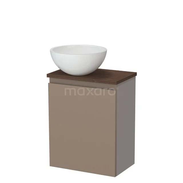 Toilet furniture with countertop wash basins TMK10-17321 Hangend badkamermeubel taupe met houtlook blad en witte waskom, modern en ruimtebesparend design.