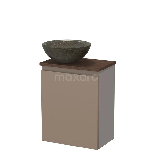 Toilet furniture with countertop wash basins TMK10-17340 Moderne wastafelmeubel met beige kast, houten blad en ronde grijze stenen waskom; veelzijdig ontwerp voor elke badkamer.